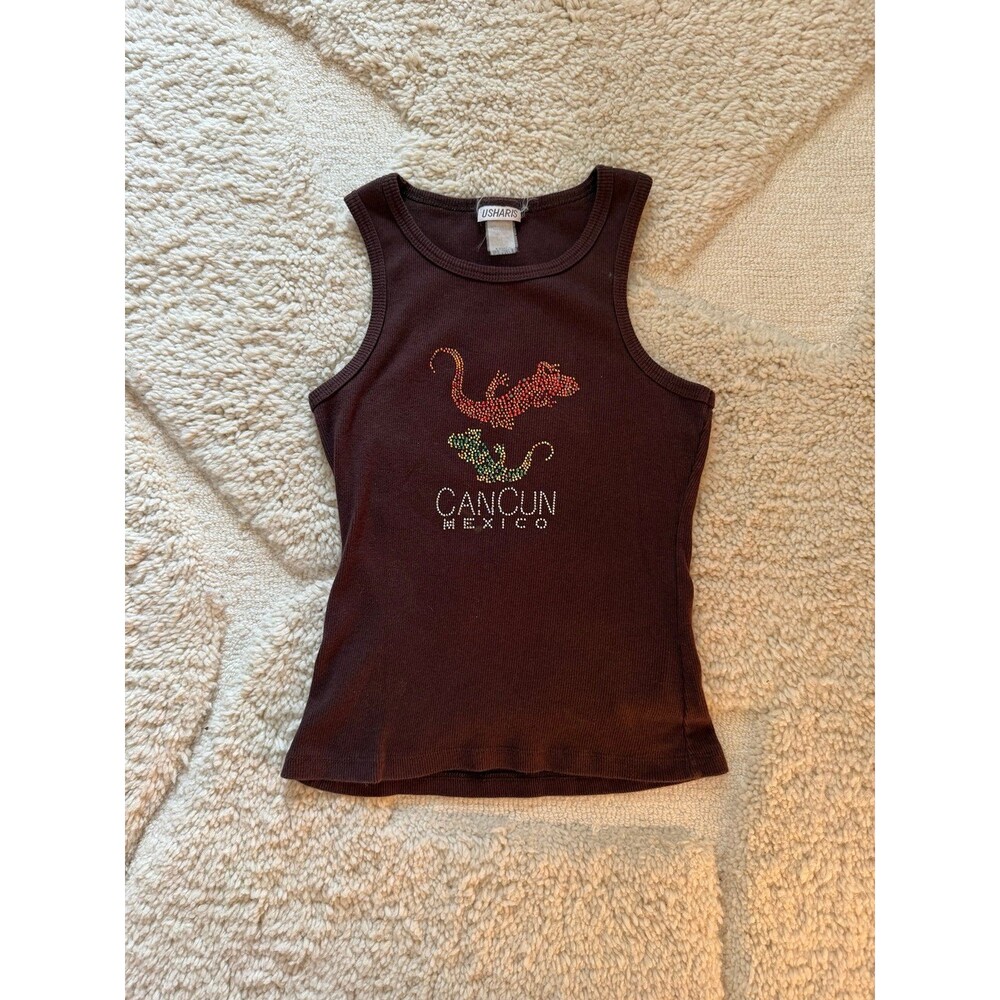 VTG Y2K Usharis Brown Ribbed Tank Top Rhinestone Gecko Cancun Mexico